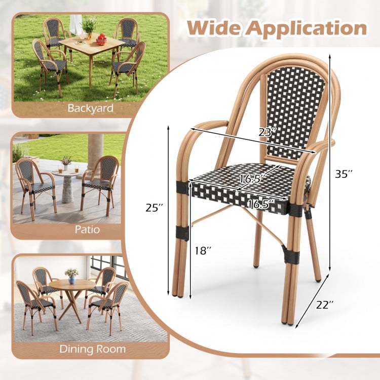 Hand-Woven PE Wicker Outdoor French Bistro Chairs Set of 2-Black