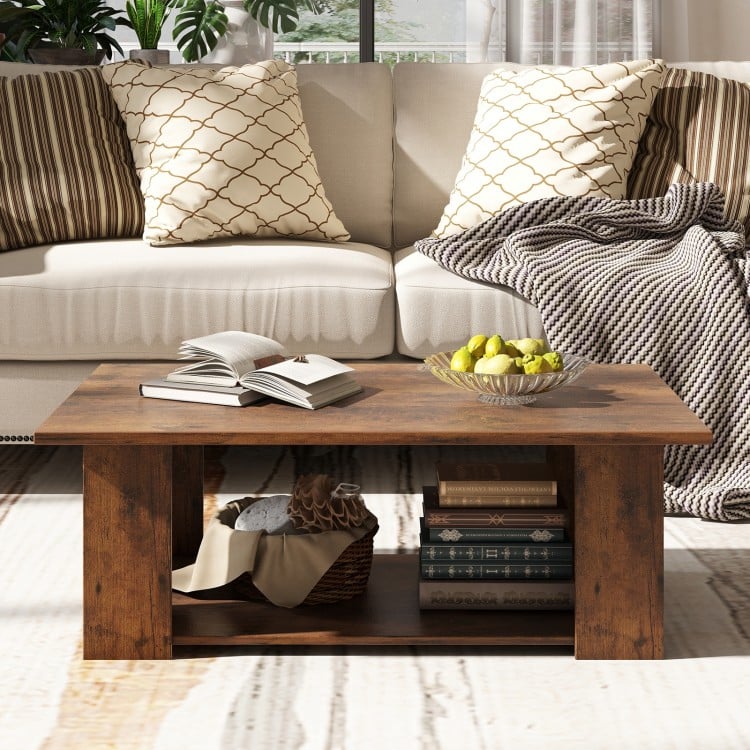 Large 36/41 Inch 2-tier Wooden Modern Coffee Table with Storage Shelf-Coffee