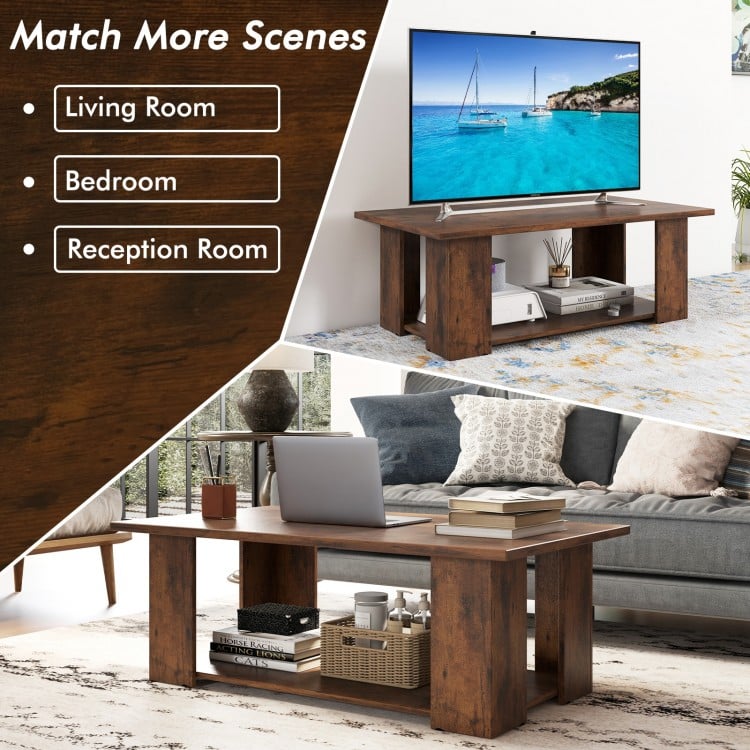 Large 36/41 Inch 2-tier Wooden Modern Coffee Table with Storage Shelf-Coffee