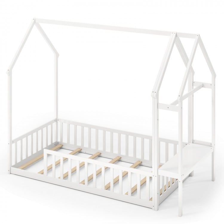 Twin House Floor Bed Montessori Bed Frame with Storage Shelf-White