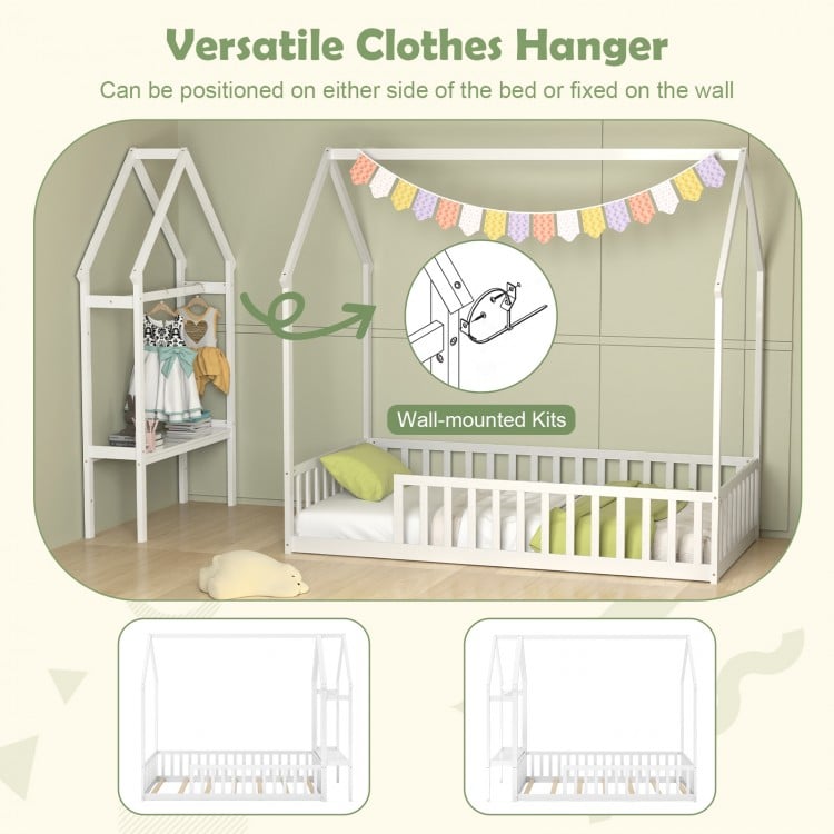 Twin House Floor Bed Montessori Bed Frame with Storage Shelf-White
