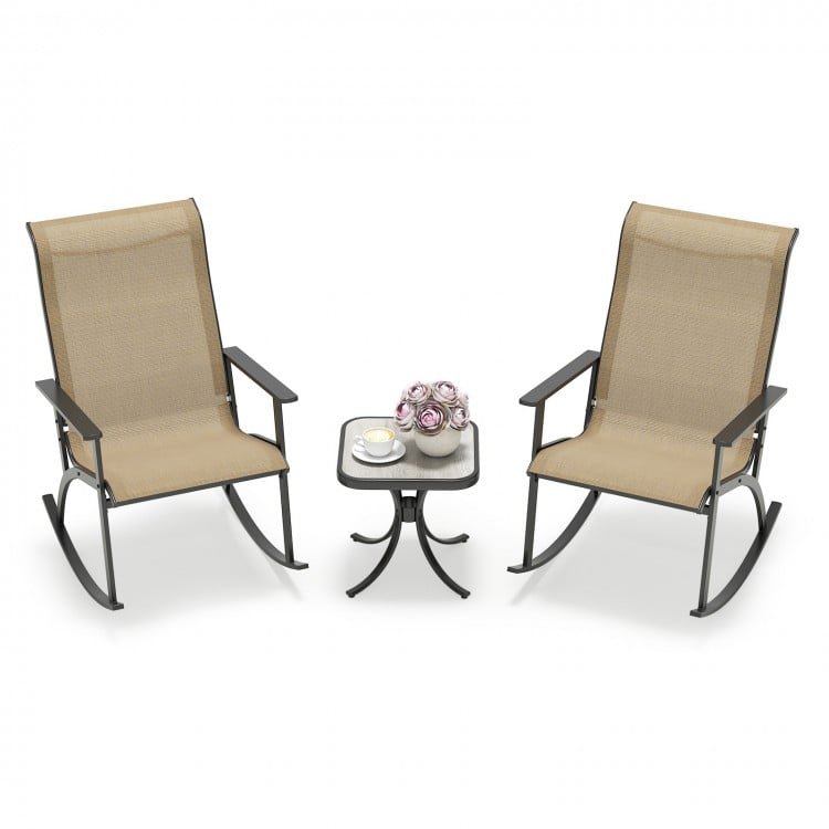 Heavy-Duty Rocking Bistro Chairs and Table Set with High Backrest and Wood-Plastic Tabletop-Brown