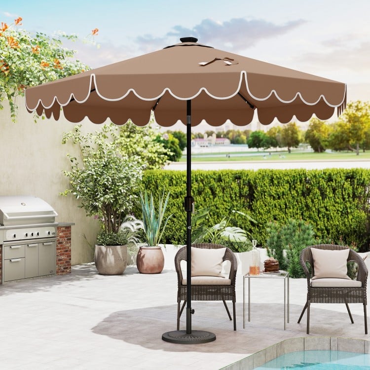 9.3 Feet Solar Patio Umbrella with 24 LED Lights Vented Top and Ruffles-Coffee
