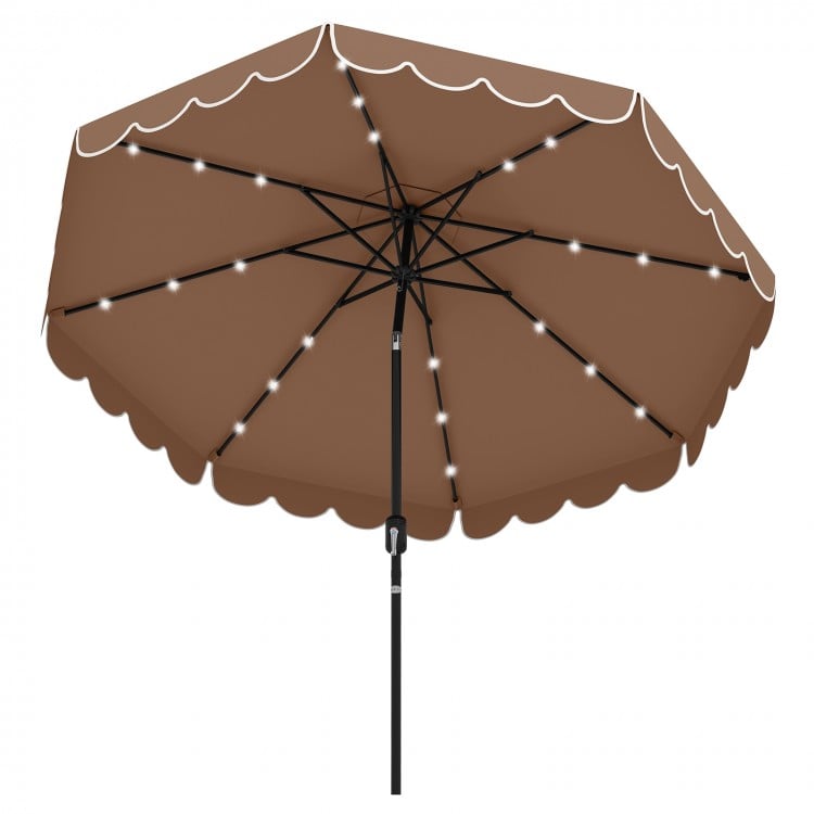 9.3 Feet Solar Patio Umbrella with 24 LED Lights Vented Top and Ruffles-Coffee