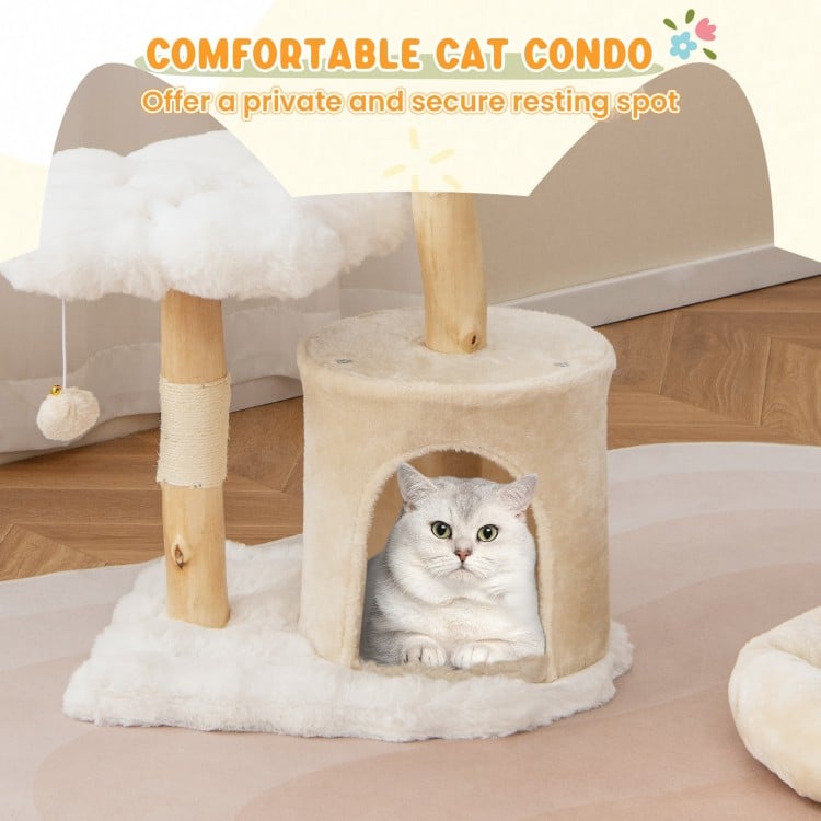 Cute Solid Wood Cat Tree Natural Branch Modern Flower Cat Tower with Sisal Scratching Posts-Beige