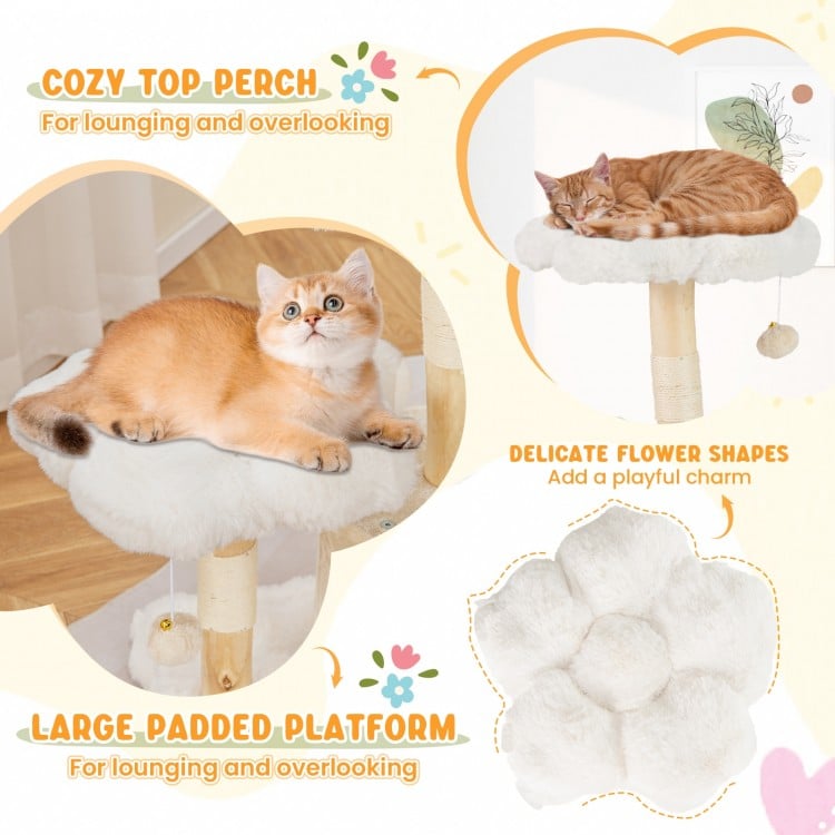 Cute Solid Wood Cat Tree Natural Branch Modern Flower Cat Tower with Sisal Scratching Posts-Beige