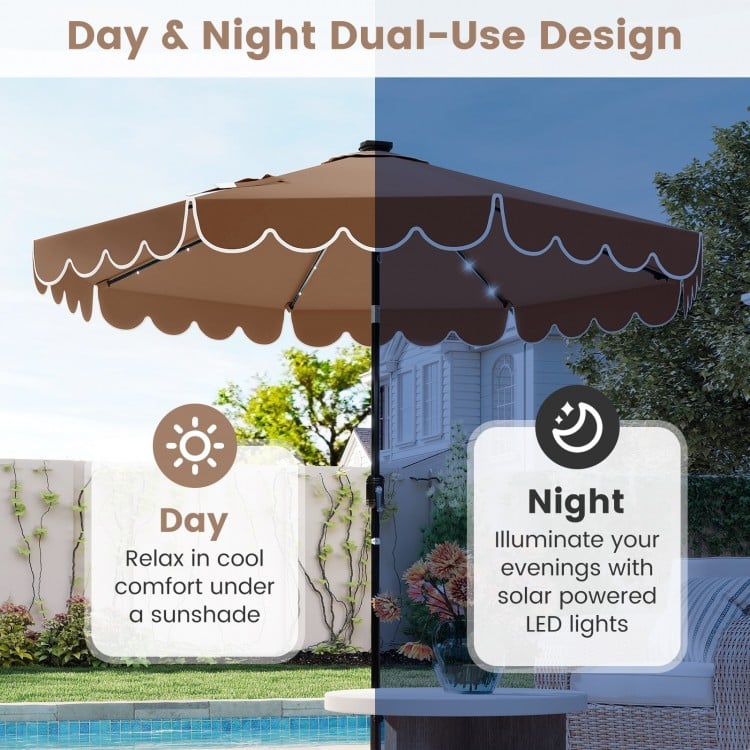 9.3 Feet Solar Patio Umbrella with 24 LED Lights Vented Top and Ruffles-Coffee