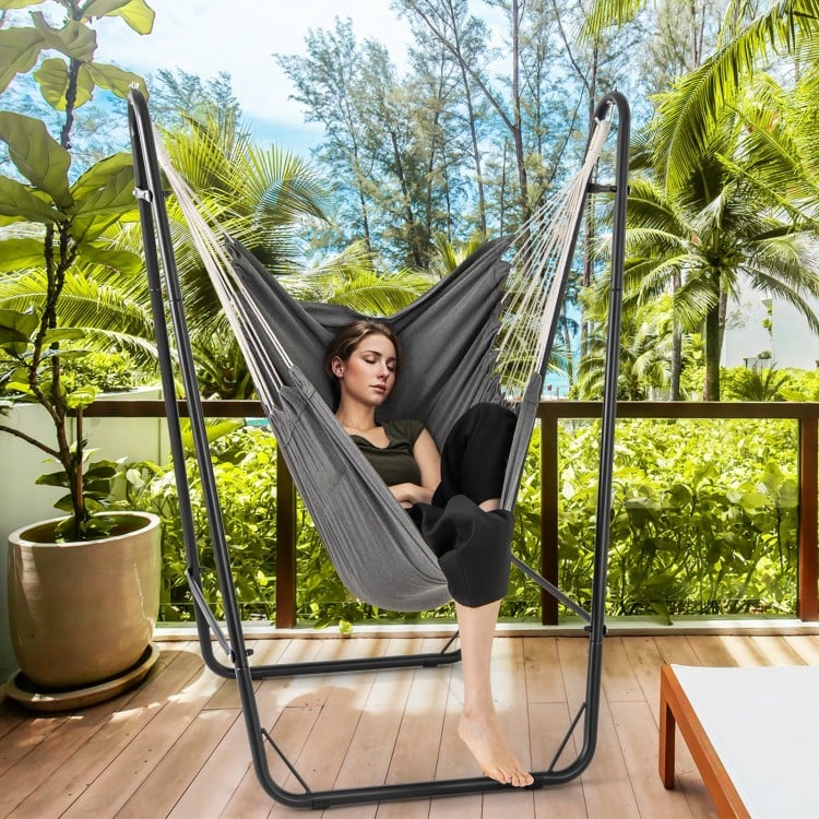 Hammock Chair with Heavy Duty Metal Frame and Side Pocket-Gray