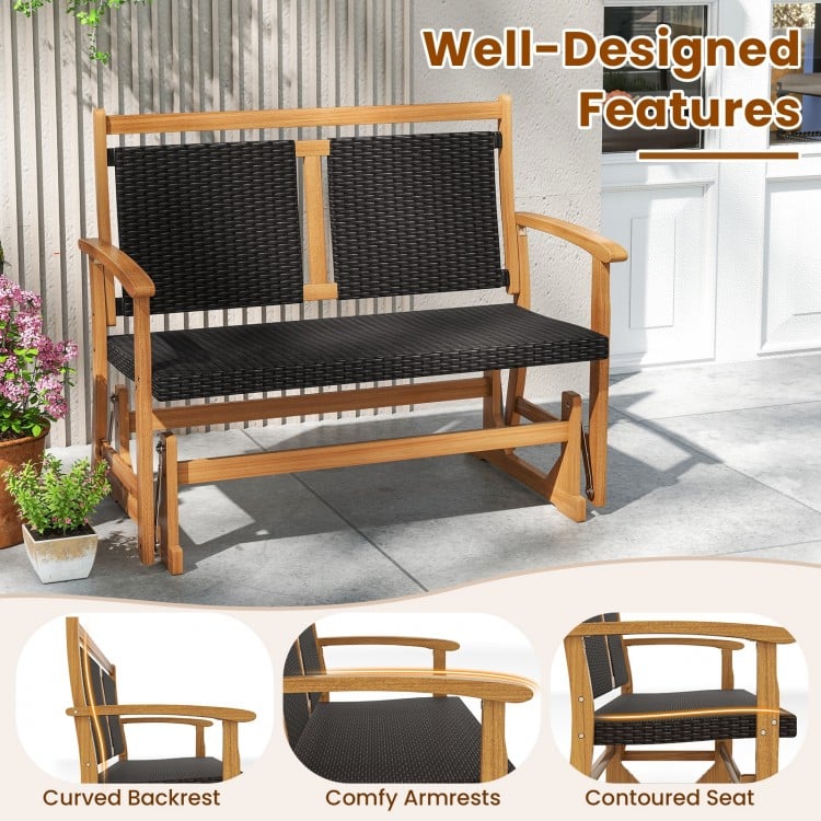 Patio Rattan Glider Bench for 2 with Acacia Wood Frame and Wicker Seat Back