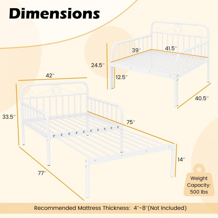 Extendable Metal Daybed to Twin Size Bed with Guardrails and Armrests-White
