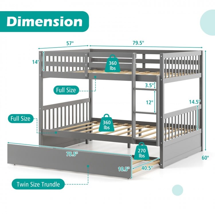 Full over Full Bunk Bed Platform Wood Bed with Ladder-Gray