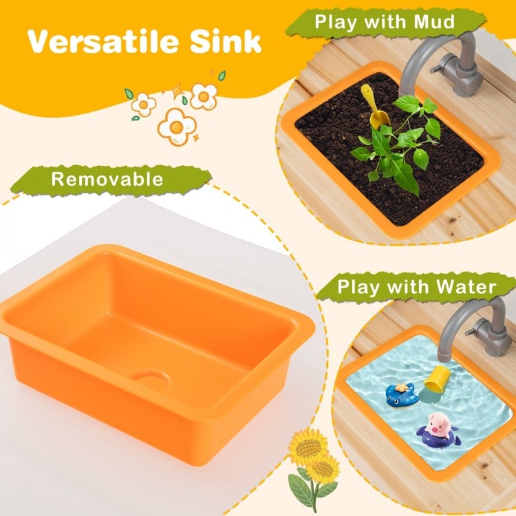 Kids Mud Kitchen Fir Wood Playset with Planting Pots and Blackboards-Natural