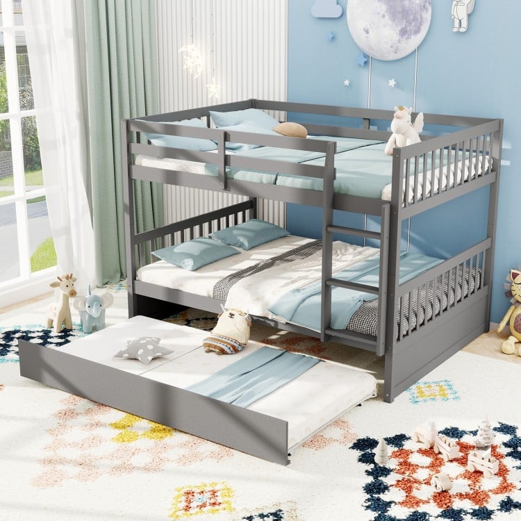 Full over Full Bunk Bed Platform Wood Bed with Ladder-Gray