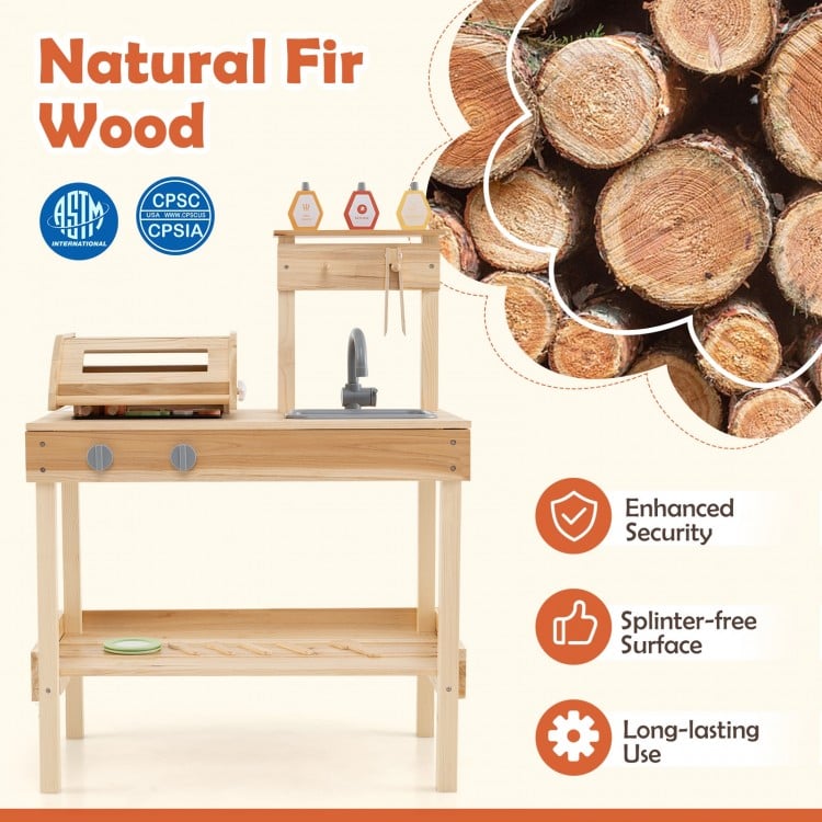 Wooden Barbecue Grill Playset with Play Food and Open Shelves-Natural