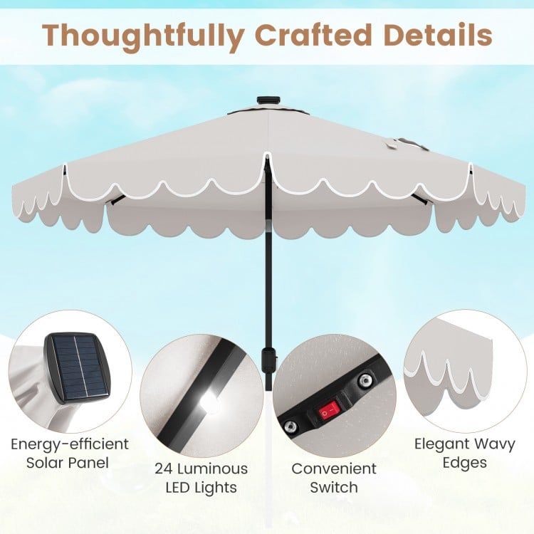 9.3 Feet Solar Patio Umbrella with 24 LED Lights Vented Top and Ruffles-Beige