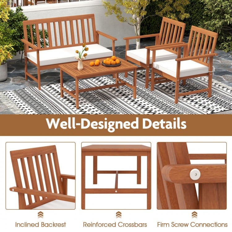 4 Pieces Acacia Wood Furniture Set with Seat Cushions and Robust Wood Frame-White