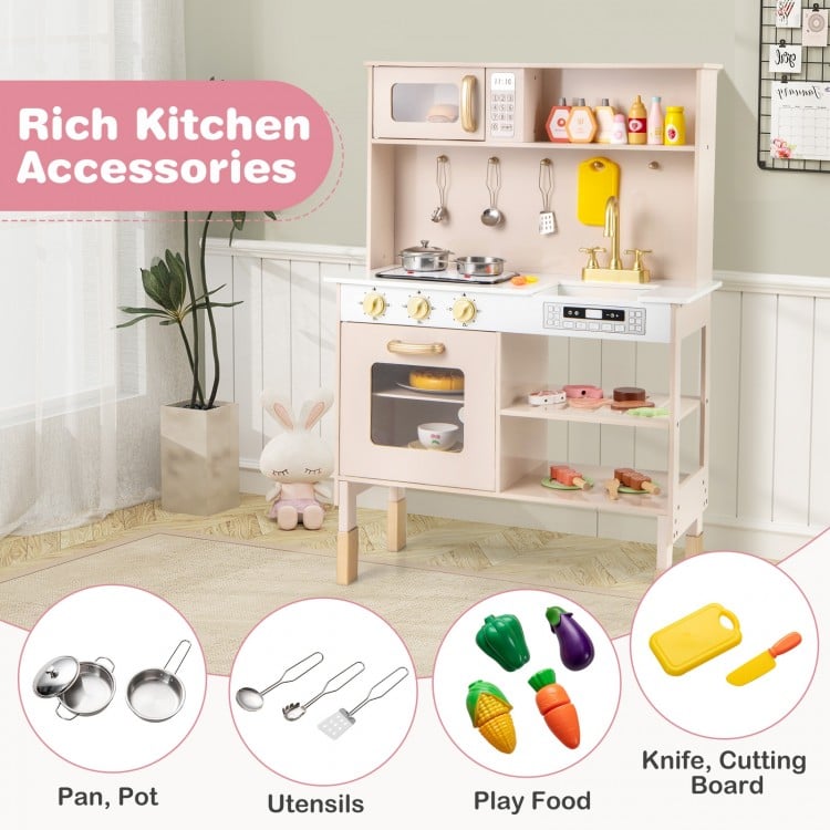 Play Kitchen Height Adjustable with Microwave and Lights and Sounds-Pink