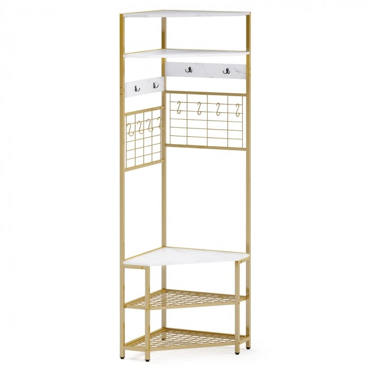 5-Tier Corner Hall Tree with Shoe Storage Bench-White