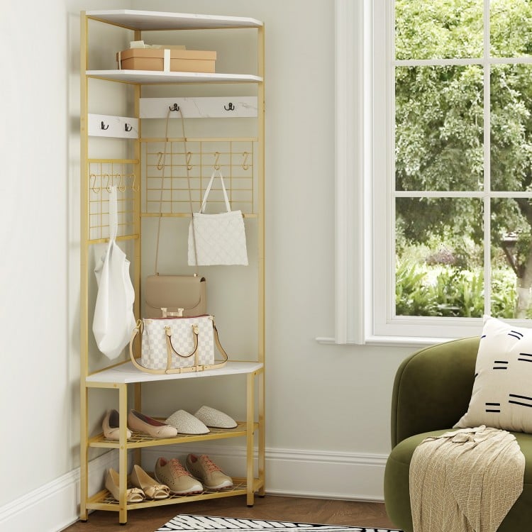 5-Tier Corner Hall Tree with Shoe Storage Bench-White