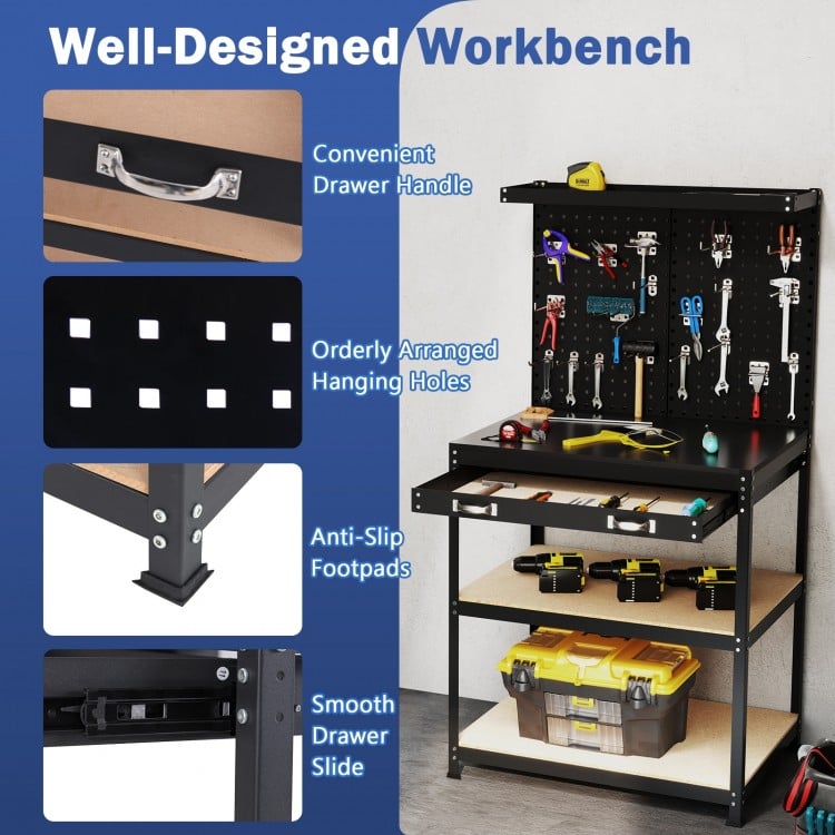 32 x 16 Inch Workbench Work Table with 2 PCs Pegboard Drawer and Shelves-Black