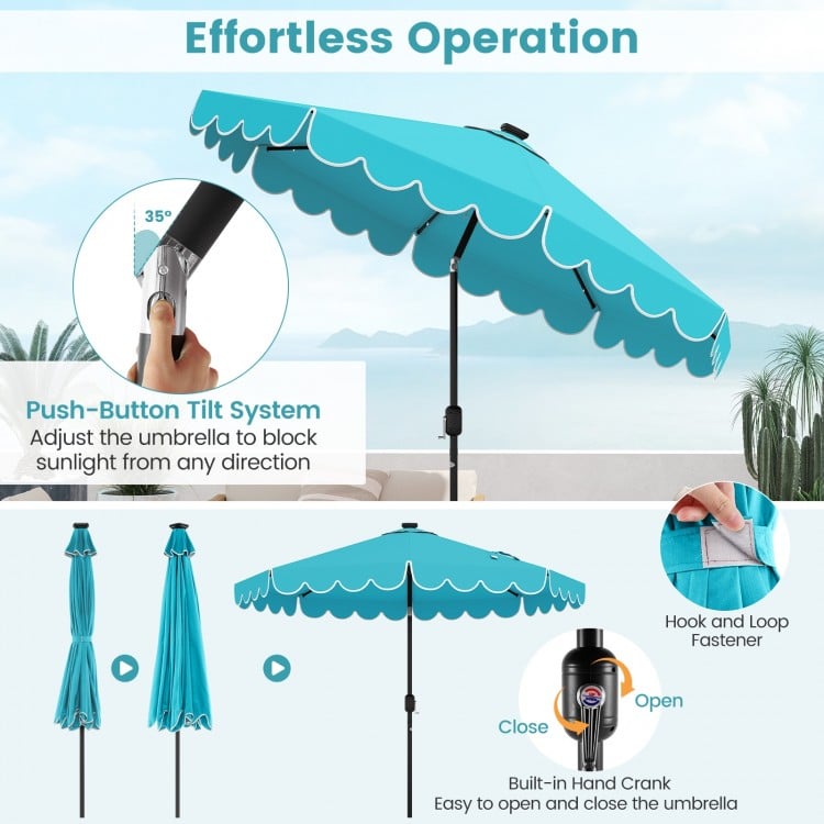 9.3 Feet Solar Patio Umbrella with 24 LED Lights Vented Top and Ruffles-Turquoise