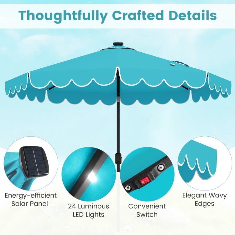9.3 Feet Solar Patio Umbrella with 24 LED Lights Vented Top and Ruffles-Turquoise