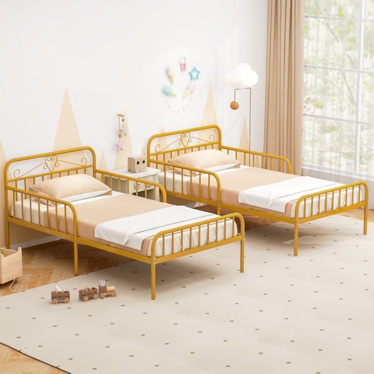 Twin Size Bed Frame with Headboard and Safety Side Guardrails-Gold