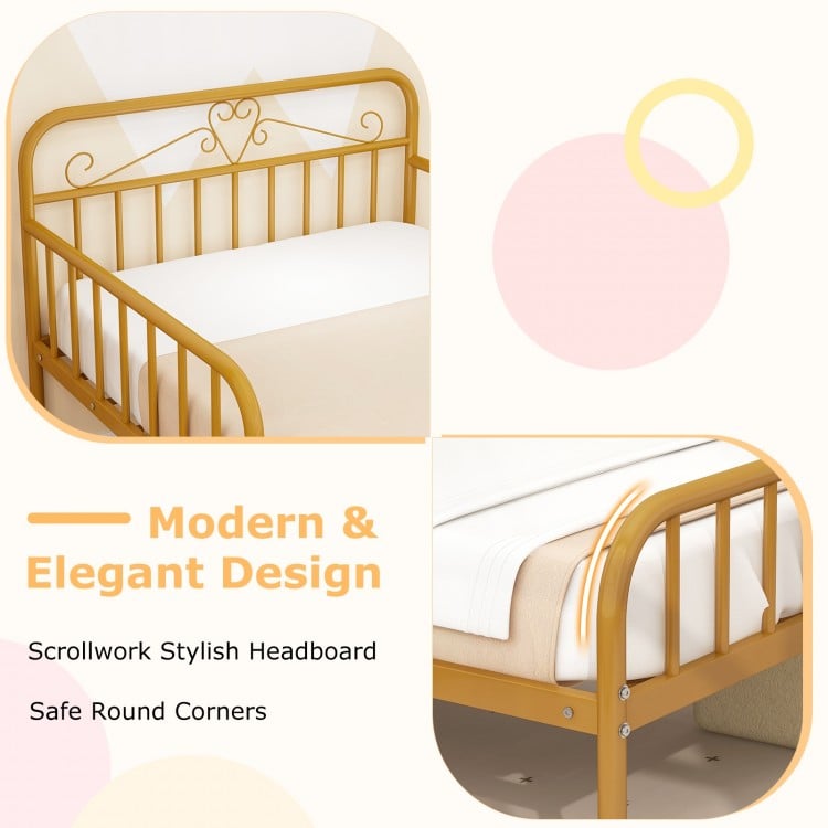 Twin Size Bed Frame with Headboard and Safety Side Guardrails-Gold