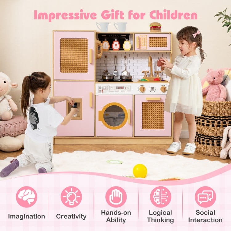 Kids Wooden Kitchen Playset with Realistic Lights and Sounds-Pink