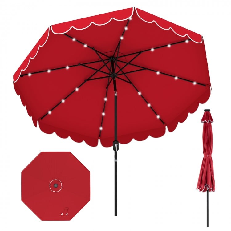 9.3 Feet Solar Patio Umbrella with 24 LED Lights Vented Top and Ruffles-Red