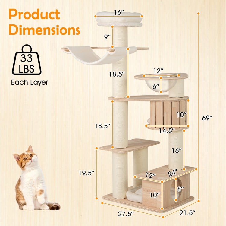 69 Inches Tall Cat Tree with Cozy Top Perch and Washable Plush Cushions