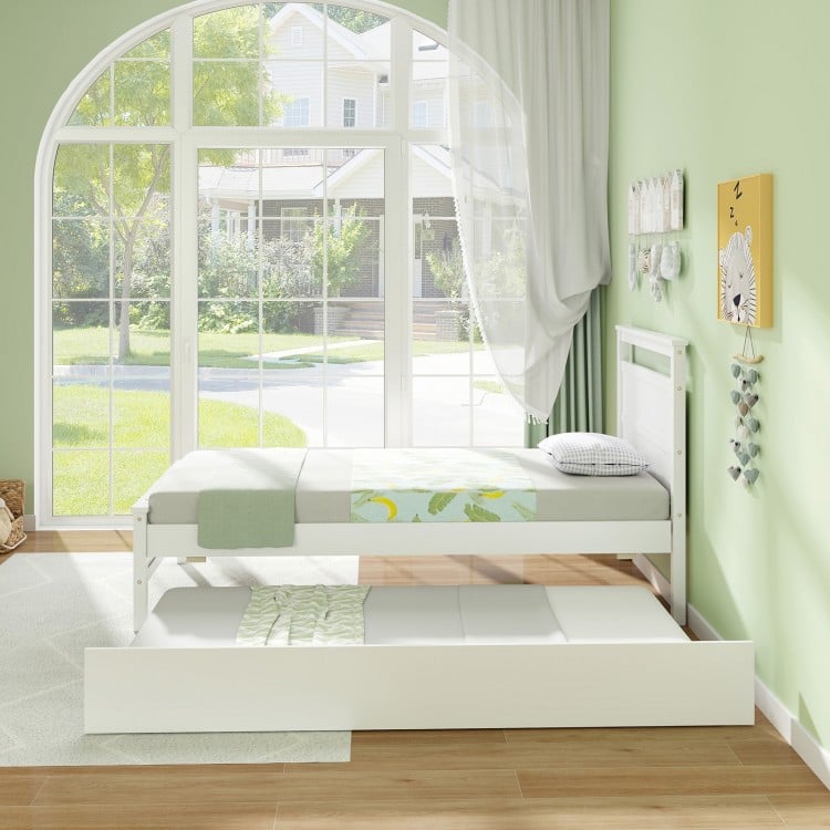 Twin Size Wooden Bed Frame with Trundle for Teens and Adults-White