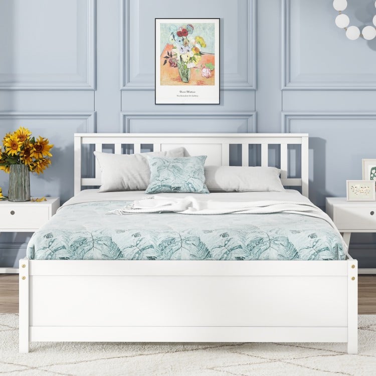 Wooden Platform Bed with Headboard and Wood Slat Support White-Full Size