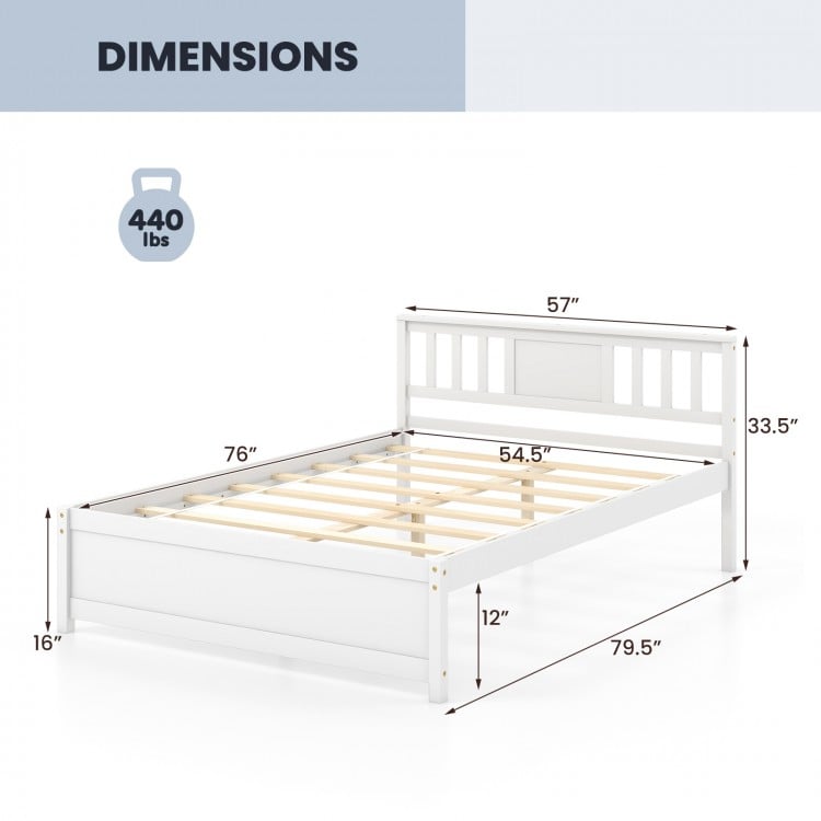 Wooden Platform Bed with Headboard and Wood Slat Support White-Full Size