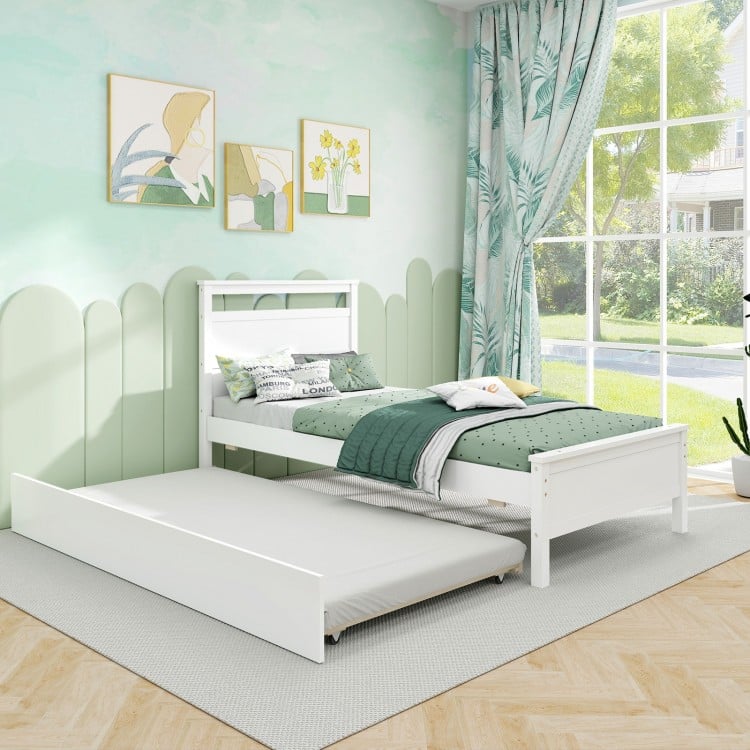 Twin Size Wooden Bed Frame with Trundle for Teens and Adults-White