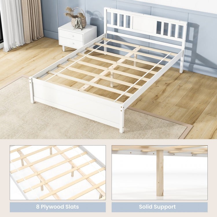 Wooden Platform Bed with Headboard and Wood Slat Support White-Full Size