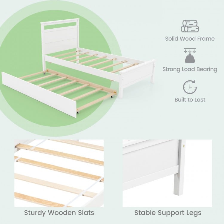 Twin Size Wooden Bed Frame with Trundle for Teens and Adults-White