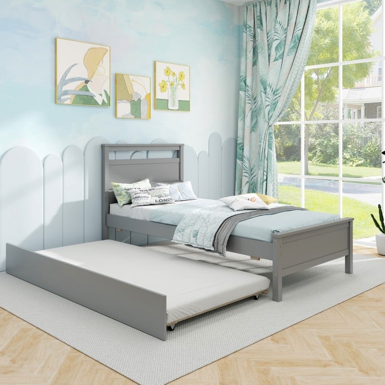 Twin Size Wooden Bed Frame with Trundle for Teens and Adults-Gray