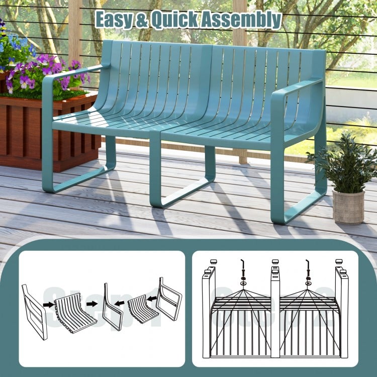 Weather-resistant Plastic 2-Person Bench with Curved Backrest-Blue