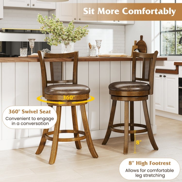 30 Inch Set of 2 Bar Stools with PE Rattan Backrest and Rubber Wood Frame-Brown