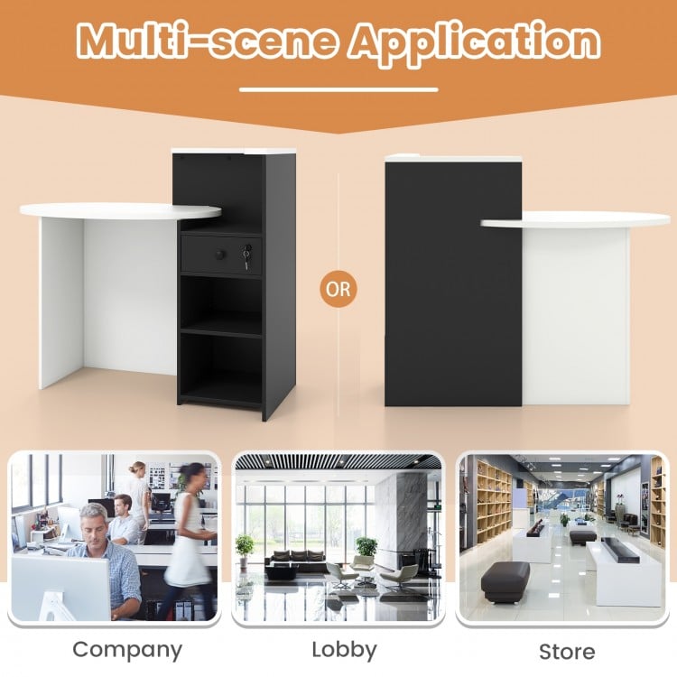 Front Reception Office Desk with Open Shelf and Drawer-Black & White
