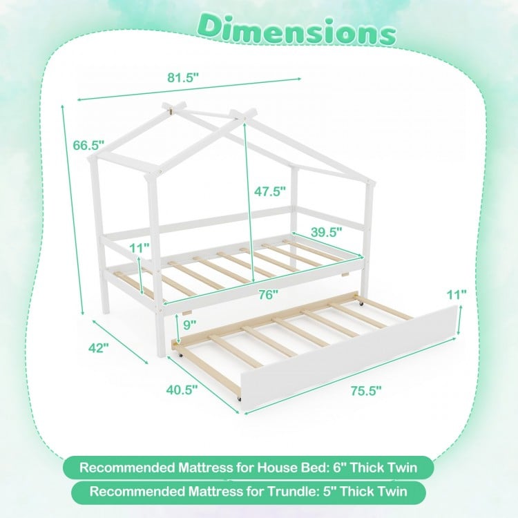 Kids Twin Size House Bed with Trundle and Roof-White