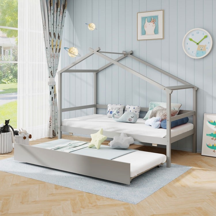 Kids Twin Size House Bed with Trundle and Roof-Gray