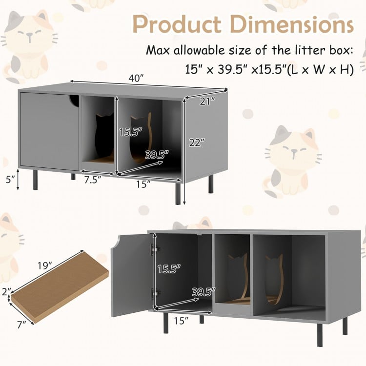 40 Inch Cat Litter Box Enclosure for 2 Cats Hidden Cat Washroom-Gray