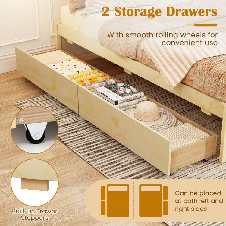 Queen Size Bed Frame with 2 Rolling Storage Drawers-Natural