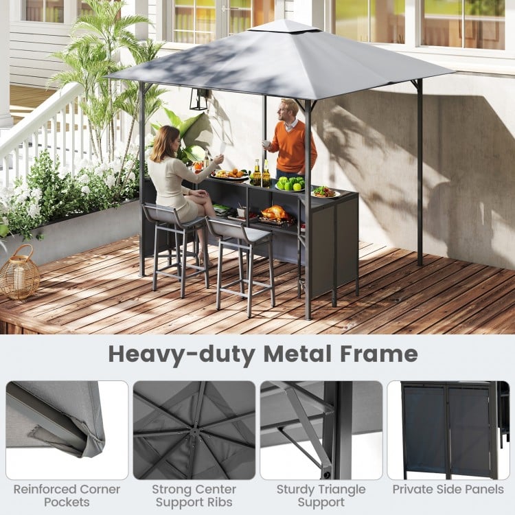 3-Piece Patio Bar Set 8 x 8 FT Double-Tier Grill Gazebo with 2 Bar Stools-Gray