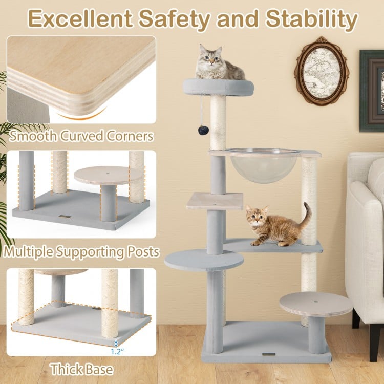 Modern Cat Tree 44 Inch Multi-level Cat Tower with Removable Padded Top Perch-Natural