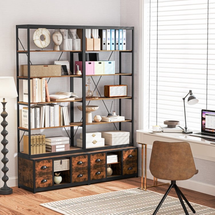 8-tier Bookshelf with 4 Fabric Drawers and Heavy-duty Metal Frame-Coffee
