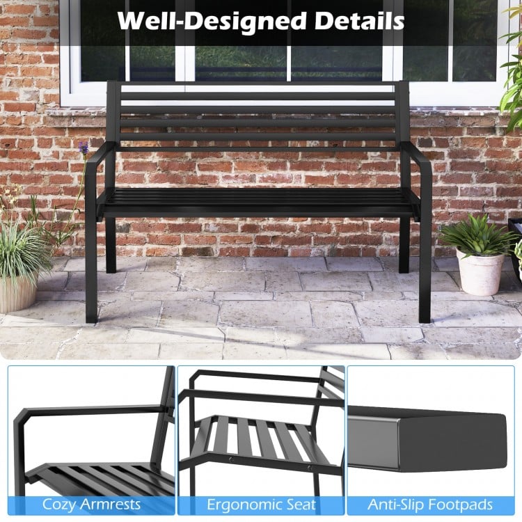 50 Inch Outdoor Metal Park Bench Patio Slatted Garden Bench for 2-3 People-Black