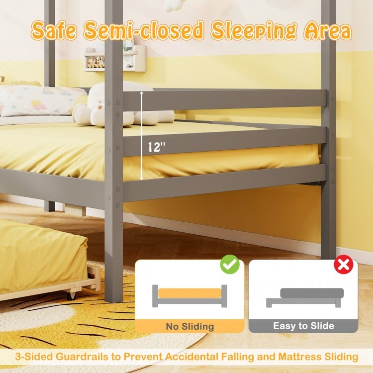 Twin Size Wooden Platform House Bed with Trundle and Roof-Grey